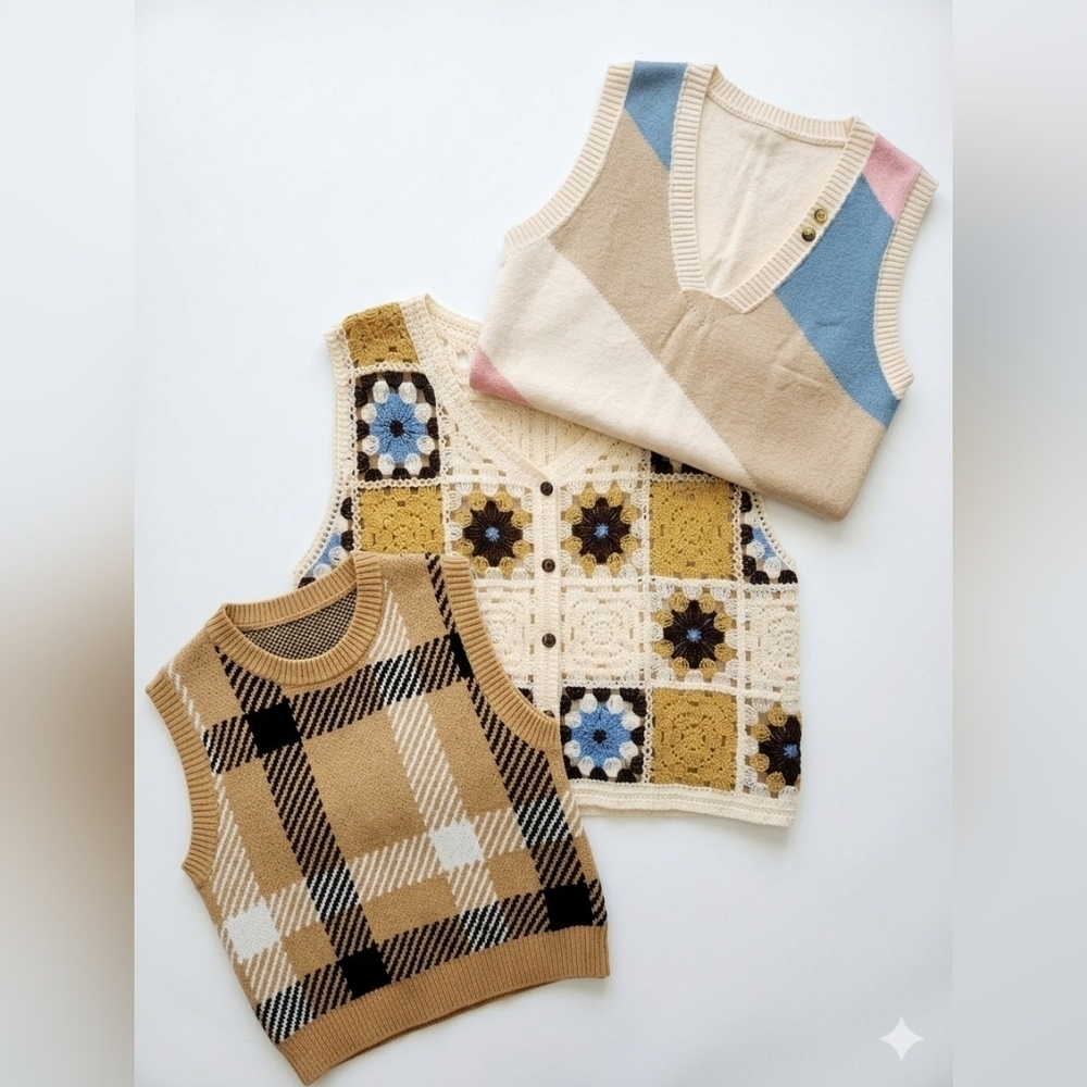 SHEIN 3-Pc Retro Vest Bundle - Granny Square, Plaid & Colorblock - XS/S